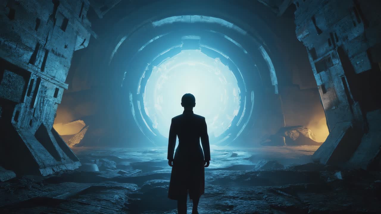 Person Standing Before a Mysterious Glowing Portal in an Ancient Structure