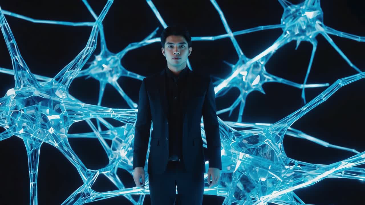 Man in suit with futuristic neural network background