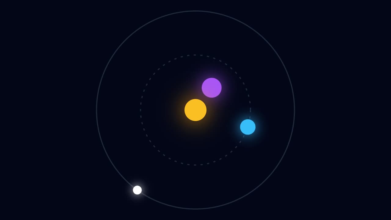 3D render of particle swarm with glowing particles orbiting around center on dark background creating abstract animation designed for science visuals, motion graphics and video overlays