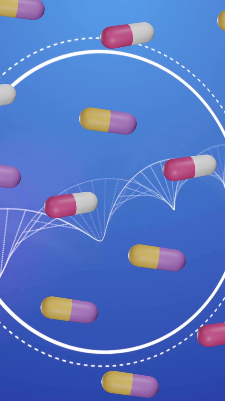 Animazione di pillole medicinali su una spirale di DNA che ruota.