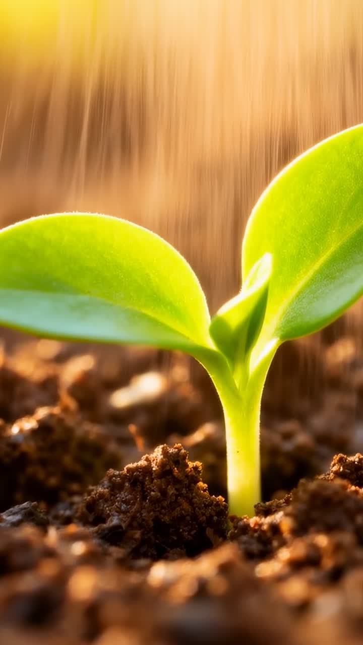 Vídeo vertical: recebendo chuva, muda verde absorvendo água em solo escuro, nutrindo as folhas cotiledonares
