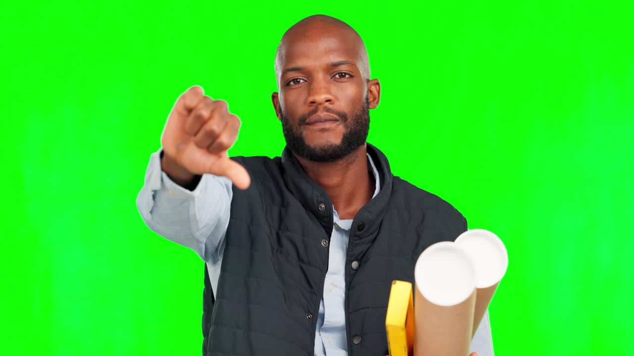 Black man, architect and thumbs down on green