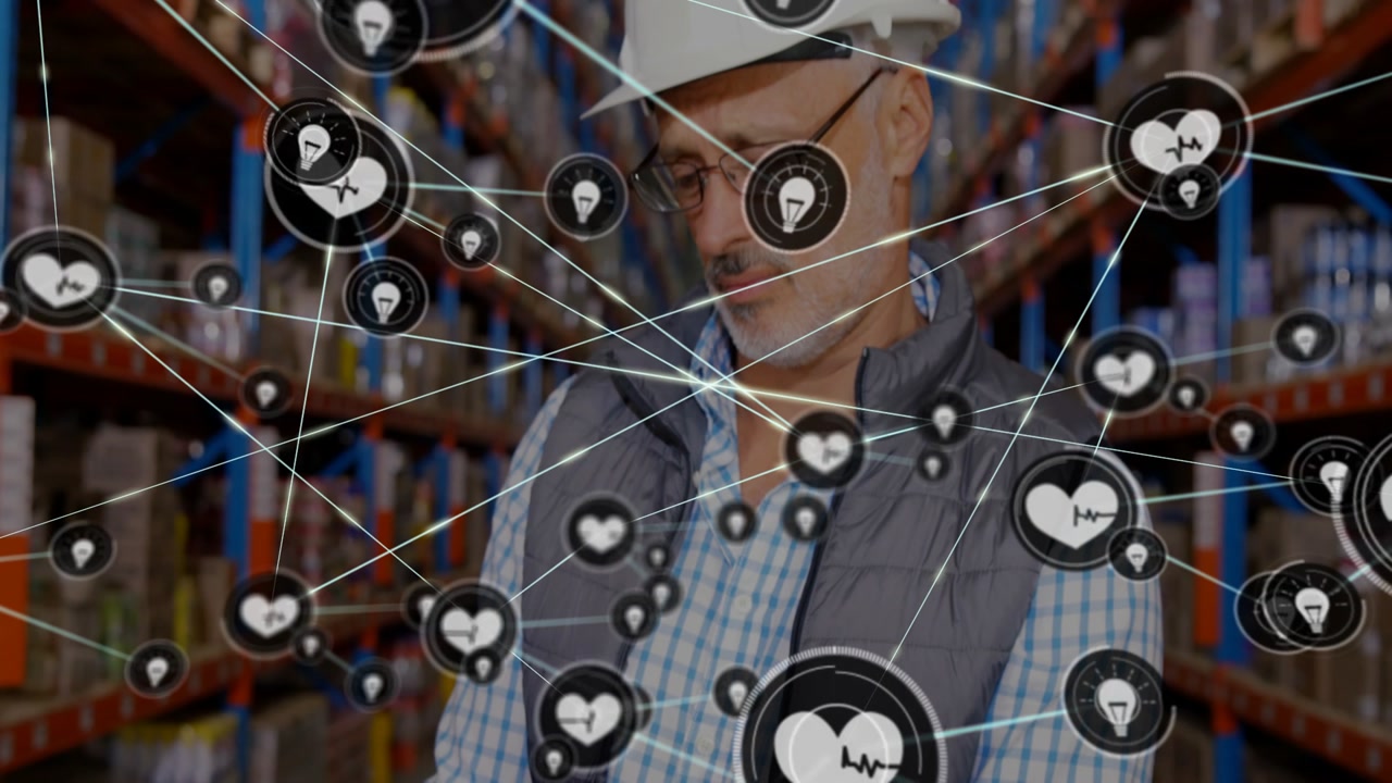 Warehouse lead tapping tablet, generating icon network tracking inventory overlaying racks