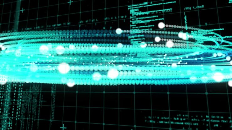 Animation of glowing blue network of light and data processing on black background