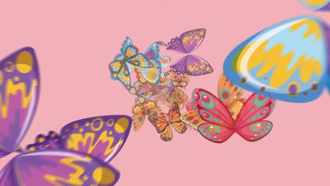multiple vibrant butterflies gracefully swirl and drift horizontally across a soft pink background, with smooth transitions, layered motion, and a light, uplifting mood