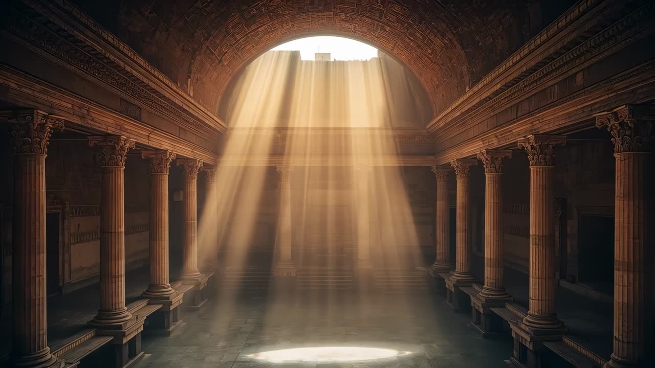 Entering sunlight through oculus forming vertical shafts, revealing dust haze across rotunda aisle