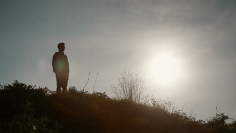 man looking in the valley , silhouette effect, big sun, clear sky