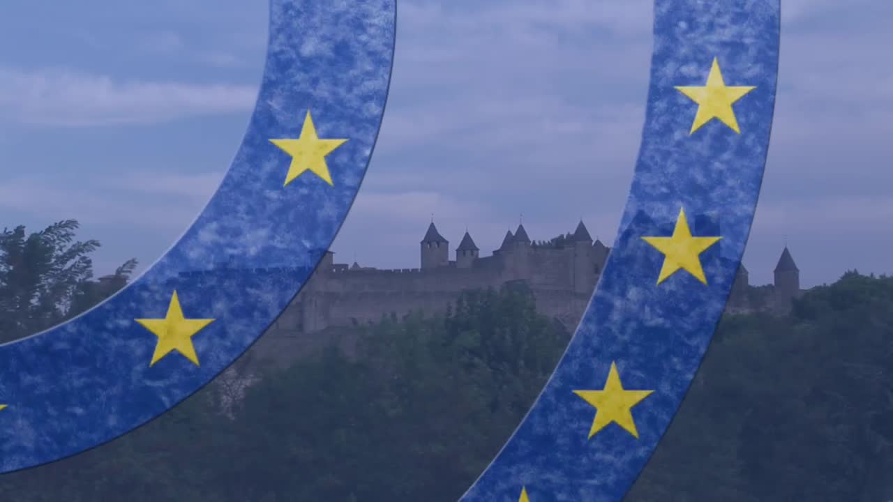 Animação da bandeira da União Europeia sobre um castelo e paisagem