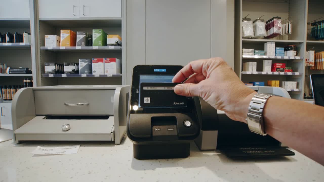 Reagerer på terminalprompt, højre hånd justerer sort kort ved butiksdisk, viser ur, betaler.