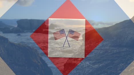 animation of red, white and blue squares and crossed american flags over rocks and ocean at sundown