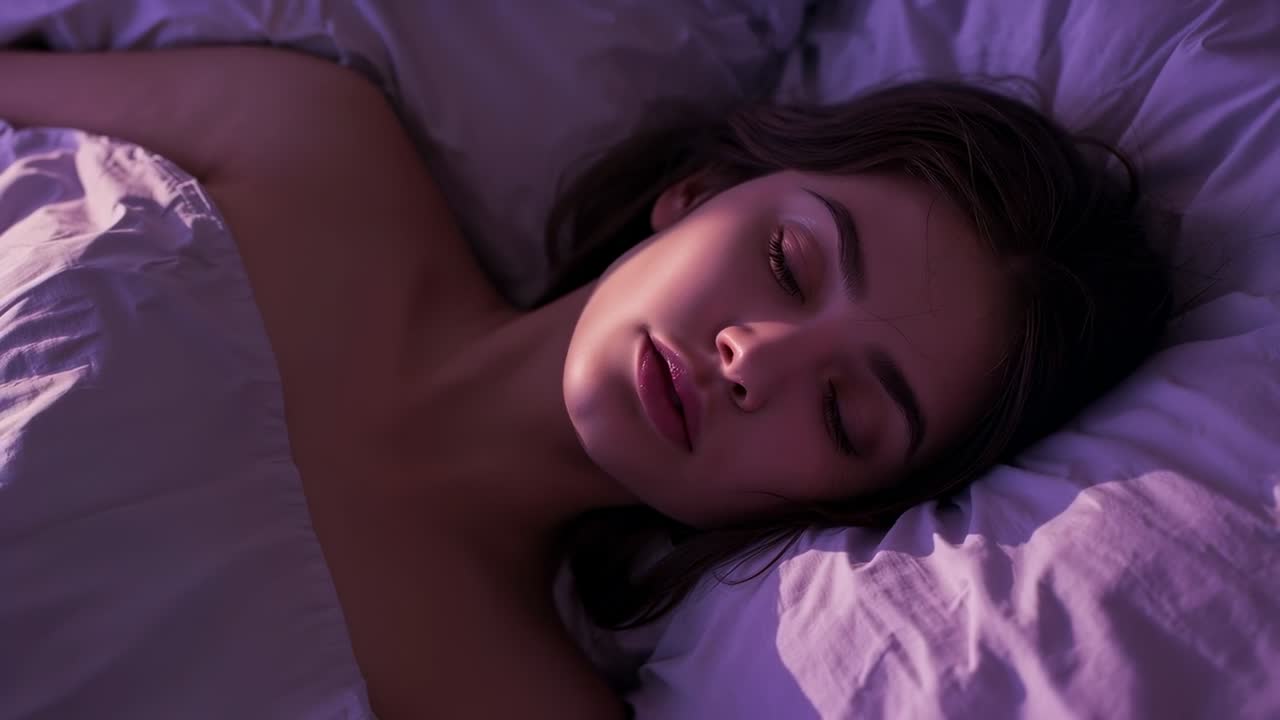 Donna adulta distesa a letto di notte che respira e sbatte le palpebre, con lenzuolo bianco e luce rosa