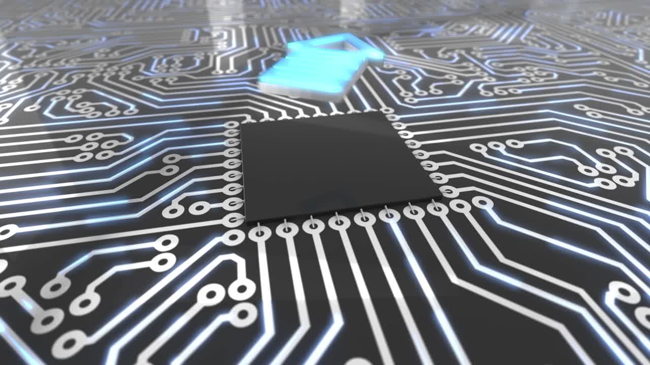 azul oscuro placa de circuitos giratorios de computadora concepto de carga de flecha bucle 4k