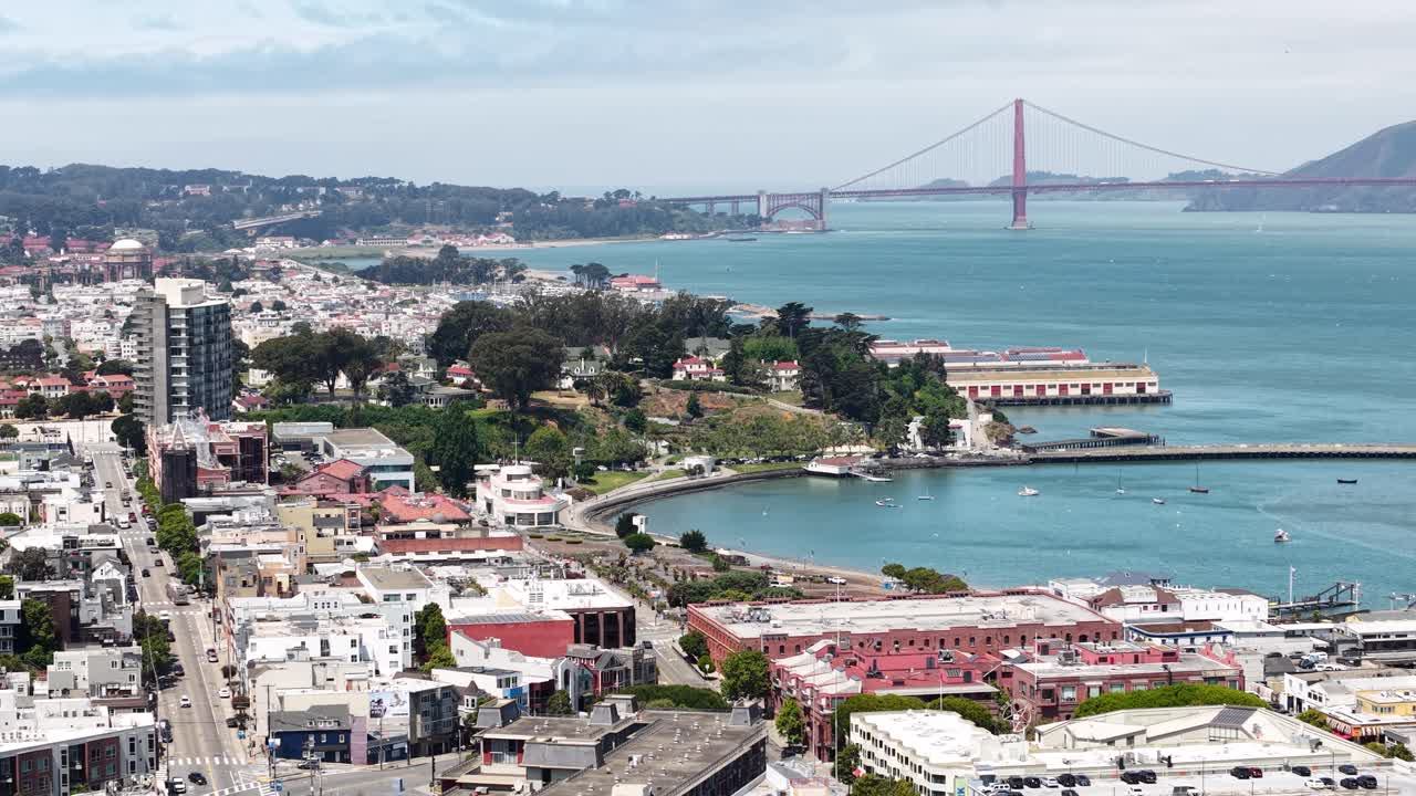 San Francisco USA, Drone Shot of Fort Mason, Marina District and Golden Gate Bridge