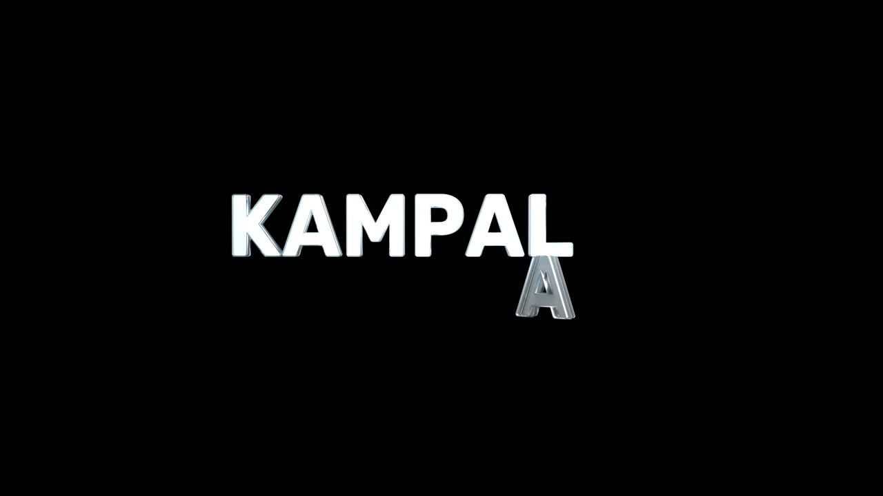 un texto 3d plateado de alta calidad y suave de la ciudad capital "kampala"