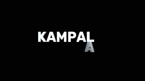 a smooth and high quality, silver 3d text reveal of the capital city "kampala