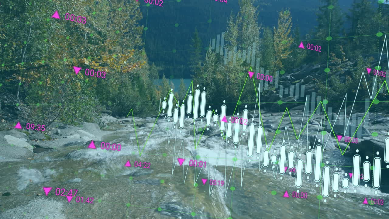 Flat design featuring flowing river with rapids and displaying data grid with candlestick charts