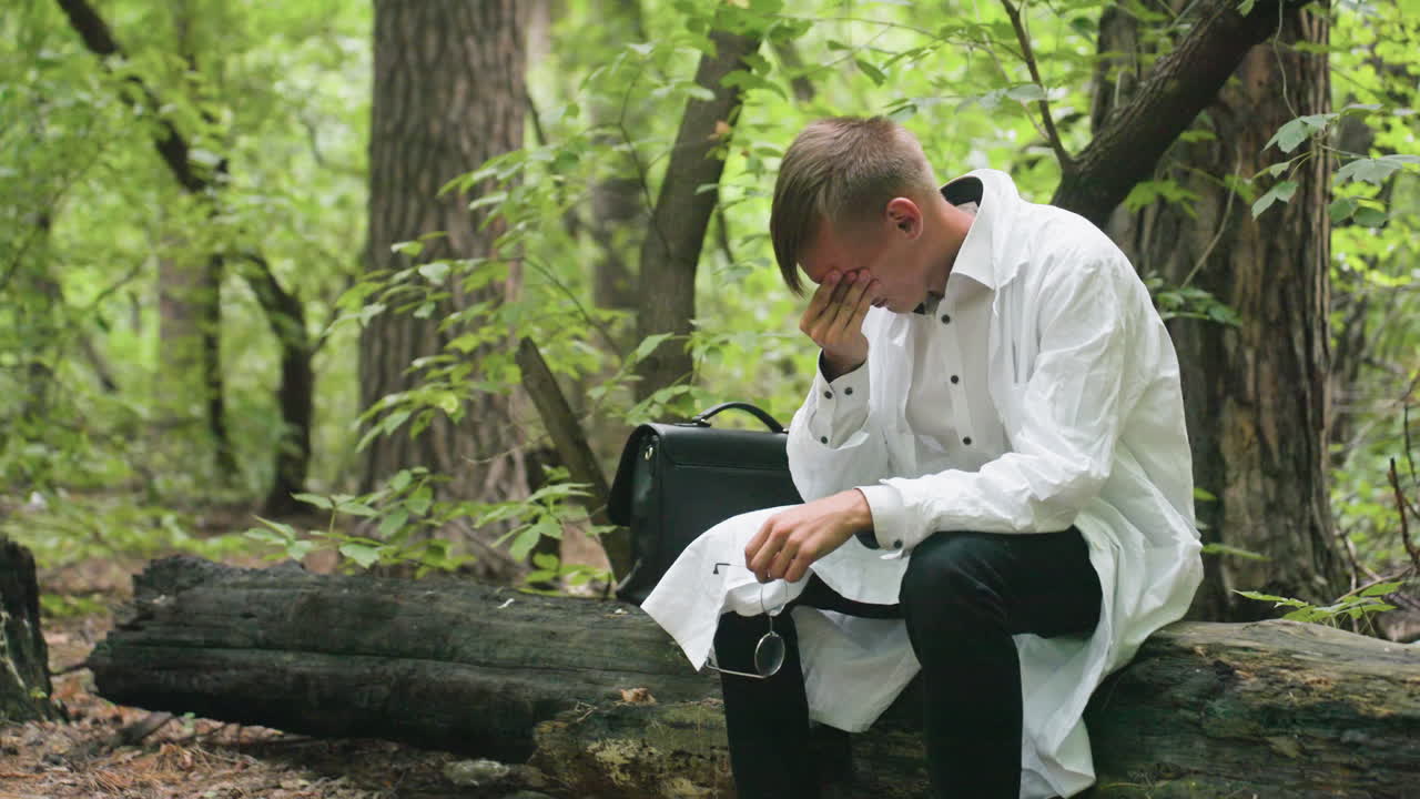 Young man in white coat sitting on dry stump in forest looking tired and exhausted, holding glasses with hand, showing fatigue during outdoor work, surrounded by trees and natural vegetation