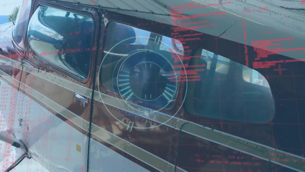 데이터 처리의 애니메이션과 공항에 주차된 비행기에 대한 둥근 스캐너.