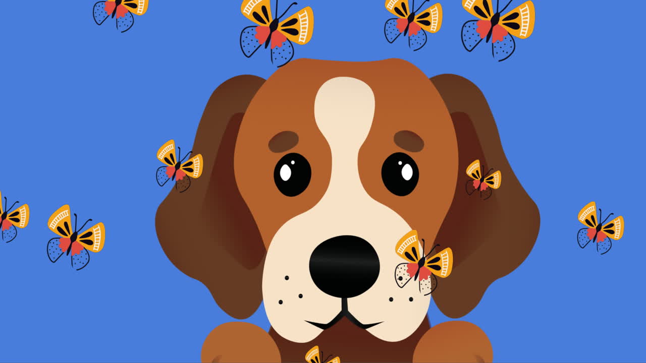 animación digital de varias mariposas flotando sobre el icono de la cara del perro sobre fondo azul