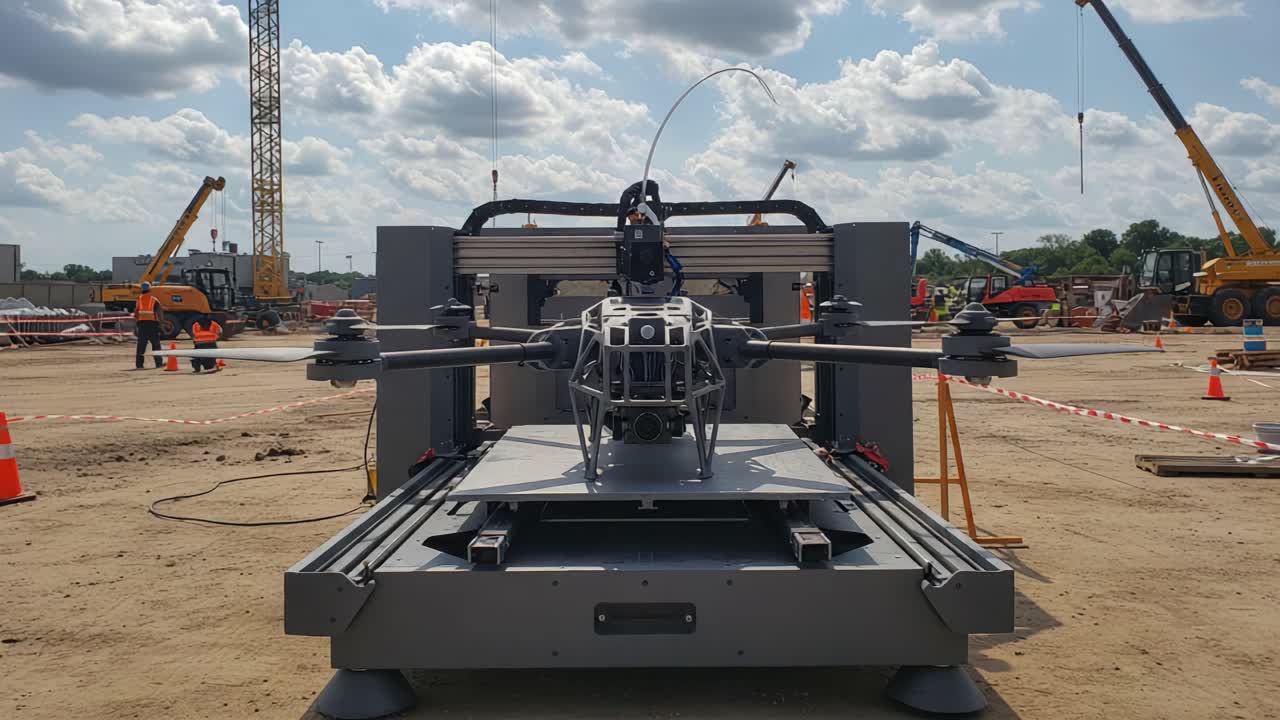 Advanced Drone Technology in Action: High-Tech Equipment Being Operated at a Construction Site with Crane, Machinery, and Workers in the Background