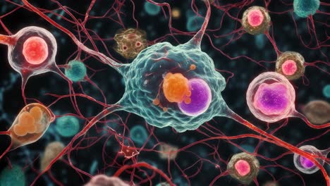 vista microscópica de las células cerebrales y el tumor