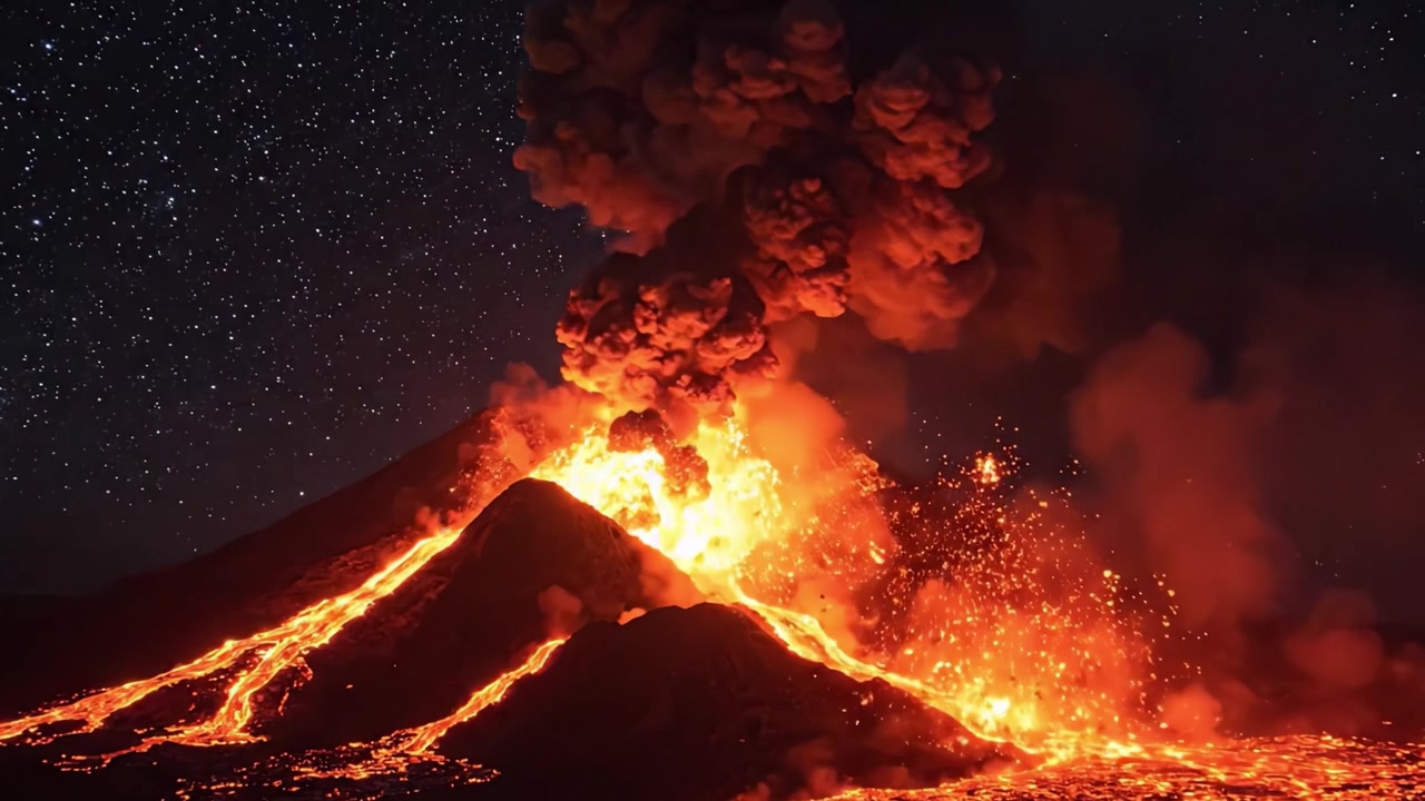 Una maestosa eruzione notturna: testimoniando le potenti forze della natura mentre la lava scorre vividamente lungo i pendii del vulcano sotto un cielo stellato.