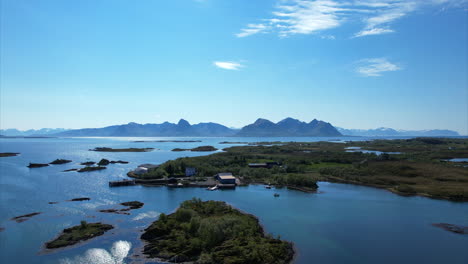 Fly-over-idyllic-islands-on-a-nice-sunny-summer-day,-Northern-Norway,-Northern-Scandinavia,-idyllic-summer,-Stunning-landscape