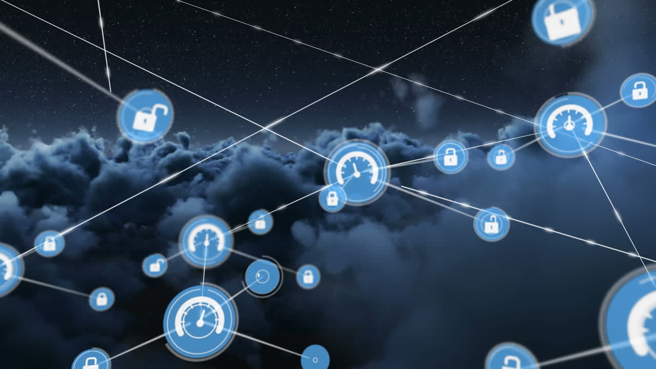 Animation of network of connections with icons over clouds