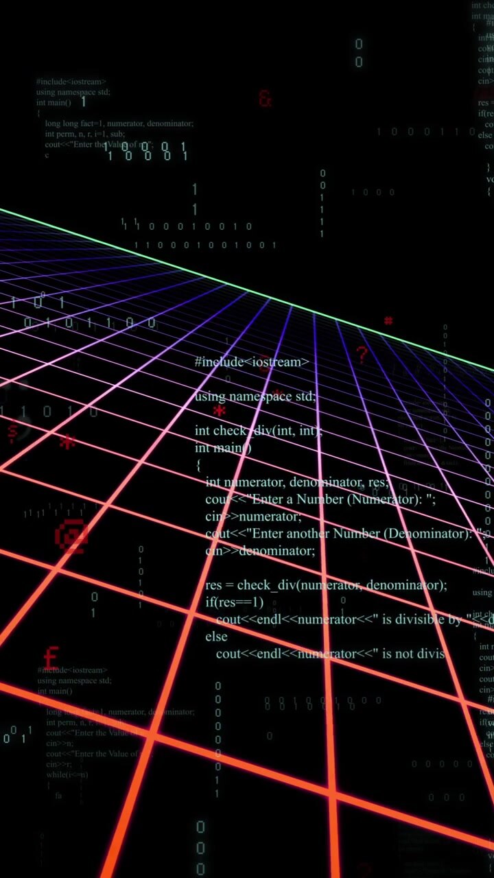 Animatie creëren, rood lijnenraster dat digitale code overlapt voor futuristische technologie