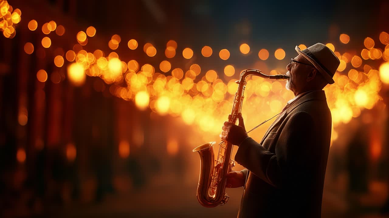 A soulful saxophonist performs under glowing street lights, creating an enchanting atmosphere of music and warmth through the night, captivating the hearts of listeners nearby