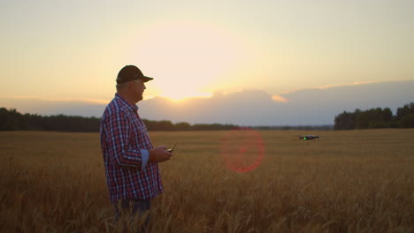 An-elderly-male-farmer-in-a-cap-drives-a-drone-over-a-field-of-wheat-at-sunset.-Old-farmer-uses-drone-in-agriculture