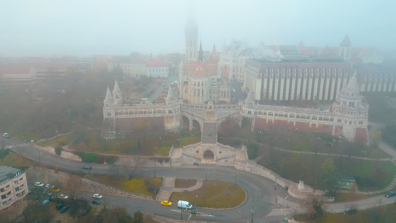 Stationary drone footage highlighting the vastness of the Fisherman's Bastion in Budapest, Hungary