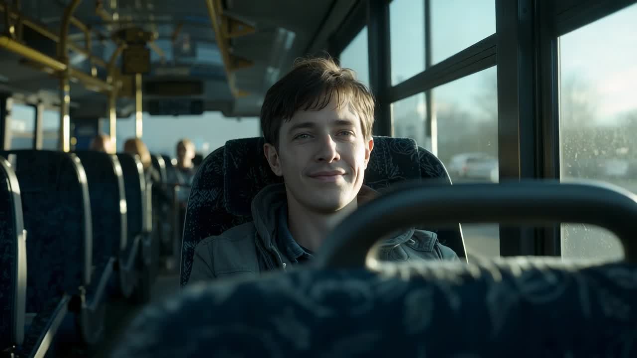 Smiling adult male reacting to sunlight through window, relaxing on public bus seat, hoodie jacket