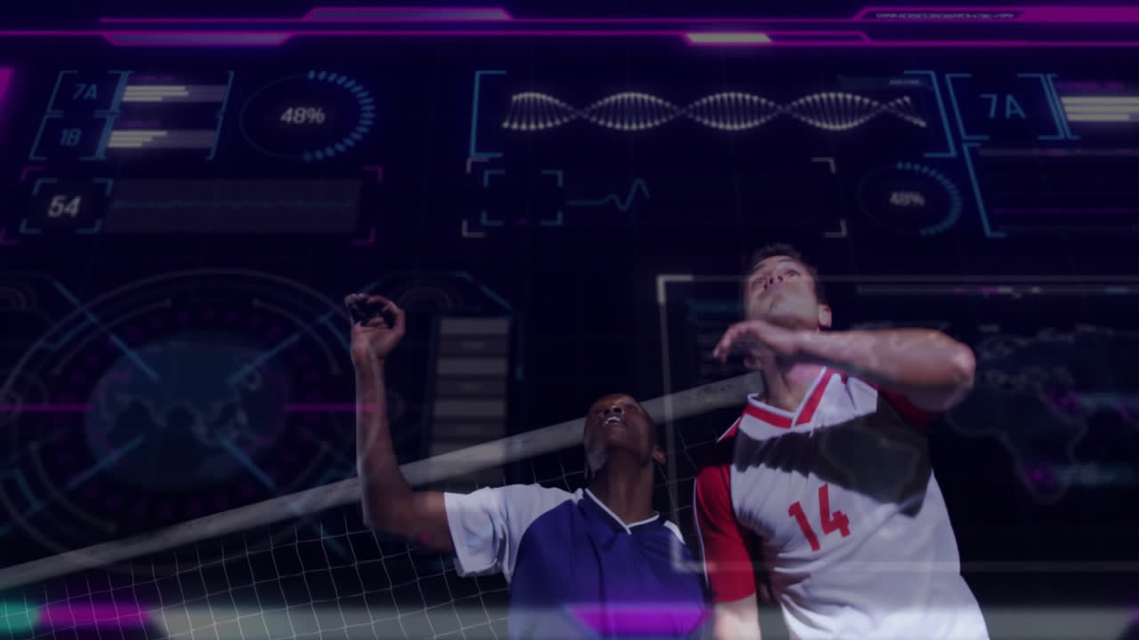 Two soccer players jumping for ball with digital data animation overlay