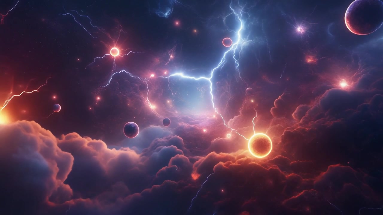 Abstrakt kosmisk tåge med svævende planeter og elektriske lyn