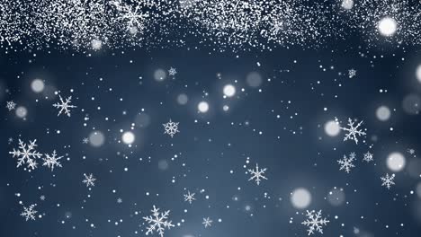 white confetti, snowflakes and bokeh lights on the blue christmas background