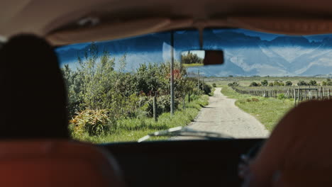 pov, driving car and countryside for vacation