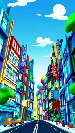 colorful animated city scene with kids
