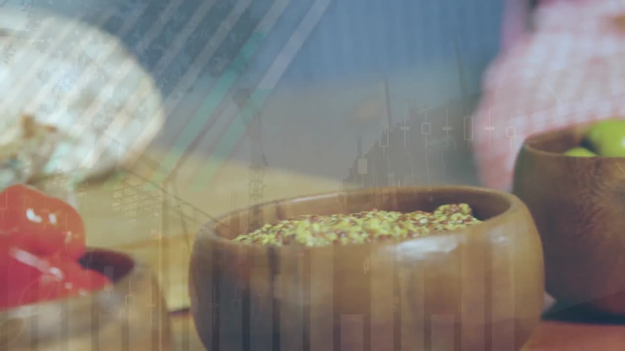 야채와 향신료가 들어있는 바구니에 대한 데이터 처리 애니메이션