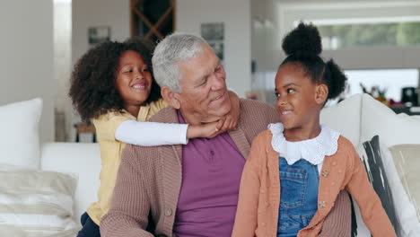 grandfather, children and hug on sofa with face