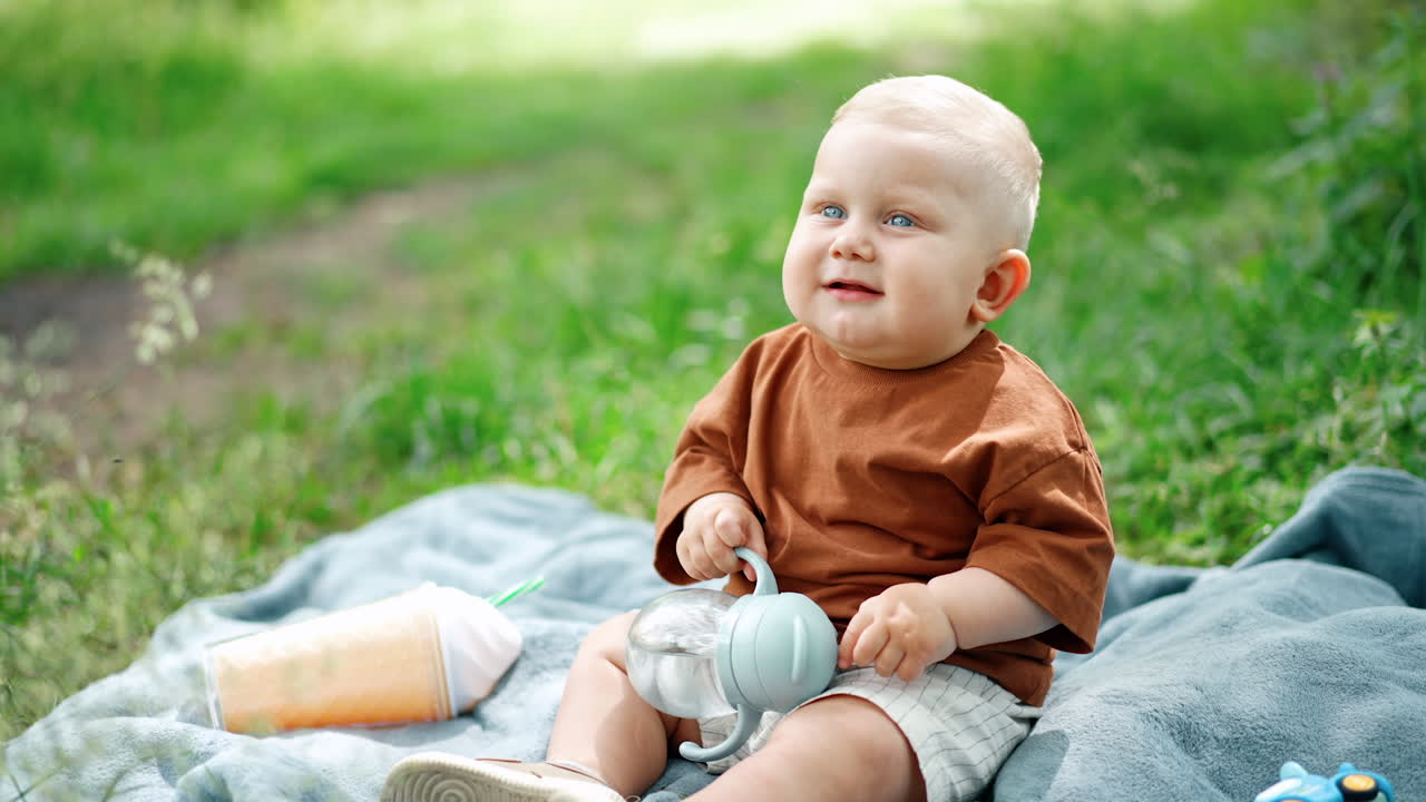 Beautiful little boy with blond hair sits on the plaid outdoors. Kid looks up holding a water bottle.