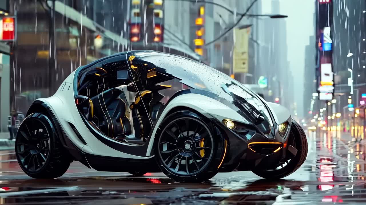 미래의 자동차가 도시 거리의 한가운데에 주차되어 있습니다.