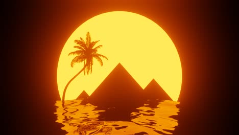 video de resolución 4k: concepto de viaje a egipto. paisaje de estilo de los años 80 con pirámides, palma, sol y animación de bucle del mar rojo