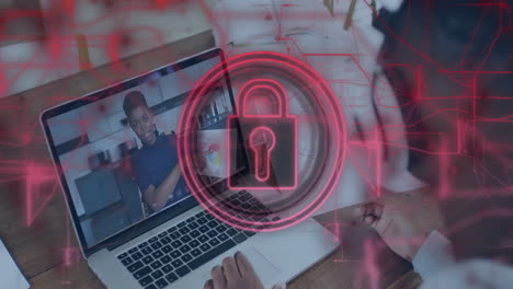 lock icon animation over person video conferencing on laptop at home