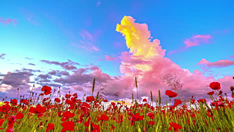 timelapse en hora dorada en el paisaje de campo de amapola con nubes naranjas en movimiento