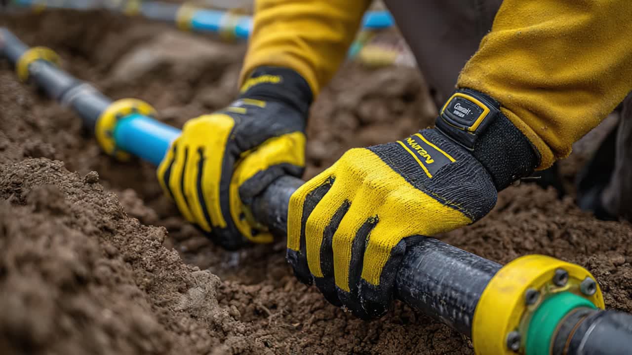 Skilled Laborer Working on Pipeline Installation: Close-Up of Hands in Protective Gloves Handling Pipeline in Prepared Ground Setting