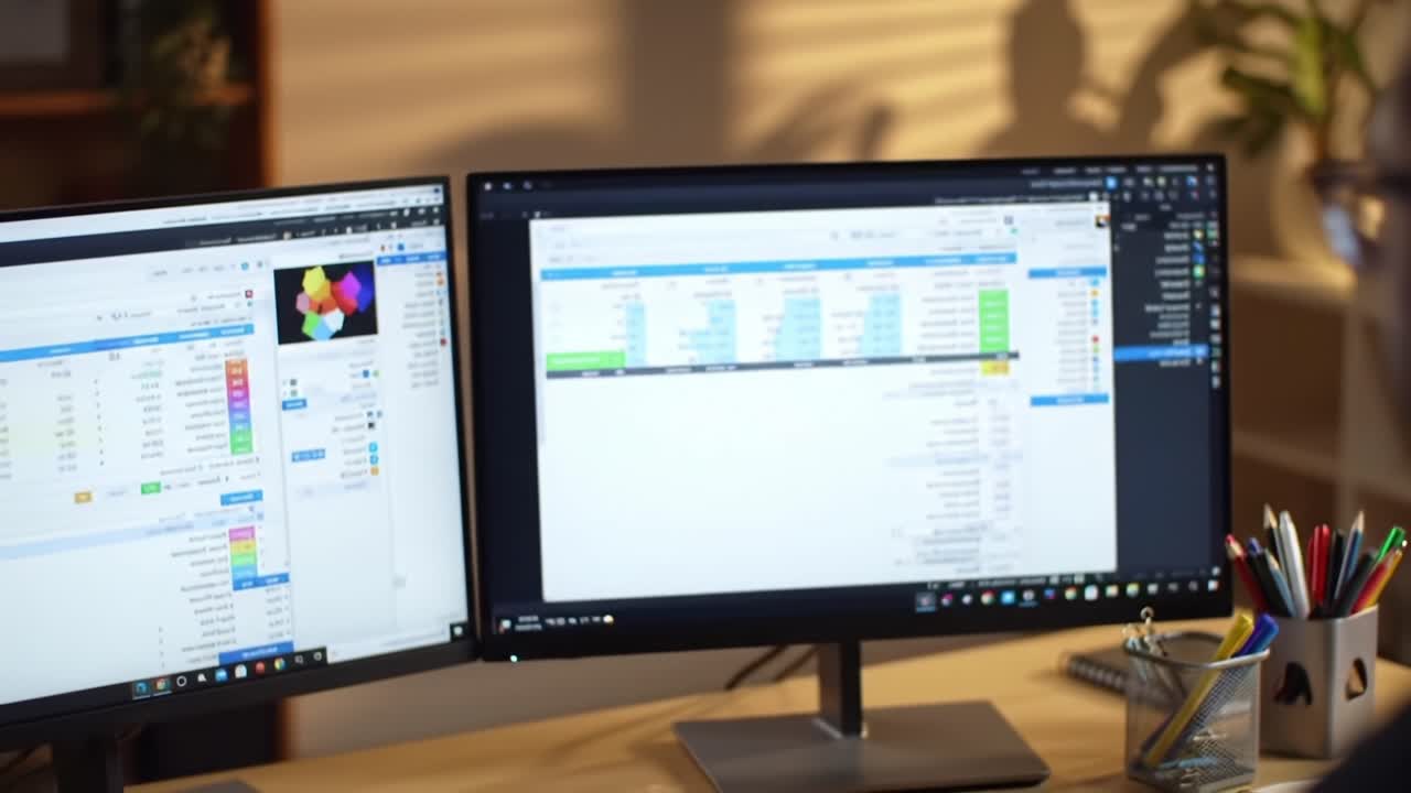 A Professional Workspace Featuring Dual Monitors Displaying Data Analysis Tools with Colorful Graphics, Enhancing Productivity and Focus on Task Management