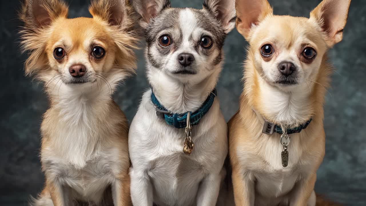 A Portrait of Three Charming Chihuahuas Sitting Together, Each Displaying Unique Features and Expressions Against a Soft Background