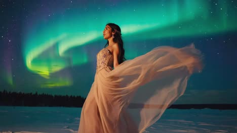 woman in elegant gown under the northern lights