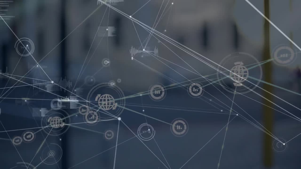 animación de la red de conexiones y procesamiento de datos sobre el paisaje urbano
